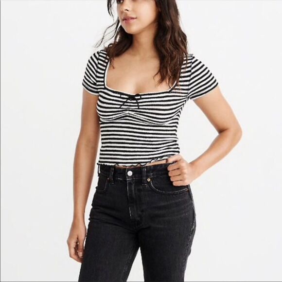 ABERCROMBIE & FITCH | Striped Square Neck Short Sleeve Top Black White Women’s L - Picture 1 of 12